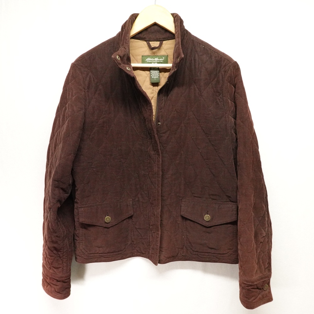 Eddie Bauer Jacket Womens Large Brown Corduroy Quilted Lined Zip Pockets